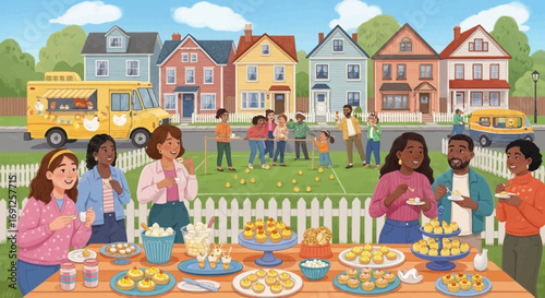 Neighborhood Block Party with Food Truck and Lawn Games in a Colorful Suburban Setting