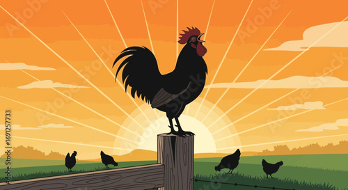 Rooster crowing at dawn illustration symbolizing the start of a new day in the farm