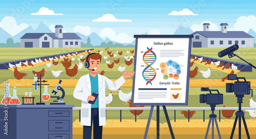 Scientist Explaining Genetic Traits of Chickens on a Farm for Educational Video Production