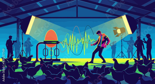 Surreal Chicken Farm Concert Featuring Futuristic Egg and Captivated Audience
