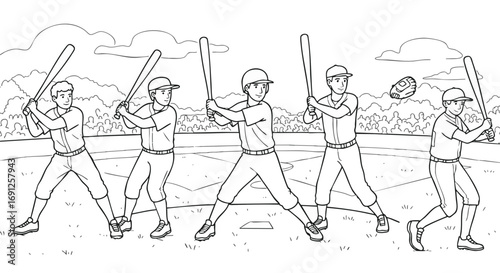 Black and white illustration of five baseball players in various batting stances and a catcher ready to receive a ball