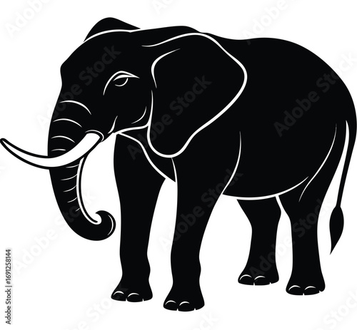 A wild gray elephant with a big trunk, a large pachyderm illustration isolated on white