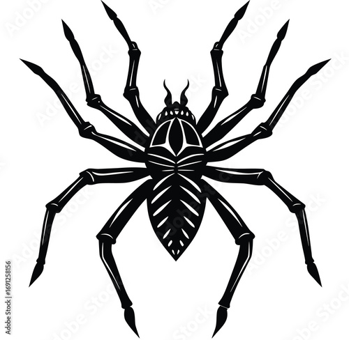 A creepy black spider, a scary arachnid insect icon silhouette, isolated on a white background, perfect for a Halloween tattoo design