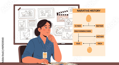 Woman Planning Documentary on Egg Farming Narrative History with Visual Aids
