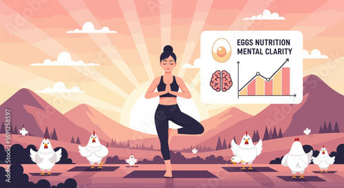 A zen moment: Woman doing yoga with chickens, eggs nutrition, and mental clarity