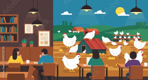 Contrasting Worlds: A Juxtaposition of Urban Cafe Life and Rural Chicken Farm Scenery