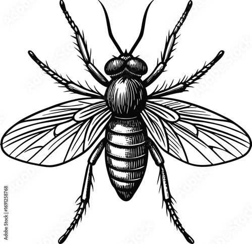 A simple vector illustration of a black and white wasp with detailed wings and a distinct body, isolated for a clean design