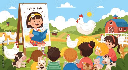 Enchanting farm tale: A captivating storytime illustration in a whimsical barnyard setting