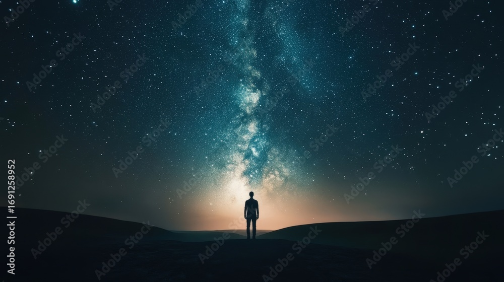 Fototapeta premium A person stands alone under a starry sky, gazing at the Milky Way with wonder and awe. The night is full of possibilities and dreams.