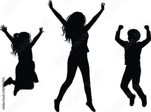 Happy family jumping silhouettes – energetic children and joyful mother in mid-air – black isolated people on white background