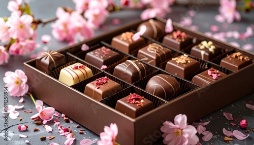 Elegant chocolate box with delicate treats and flowers