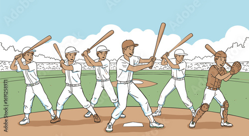 Baseball Team Preparing to Bat A Colorful Cartoon Illustration of the Players