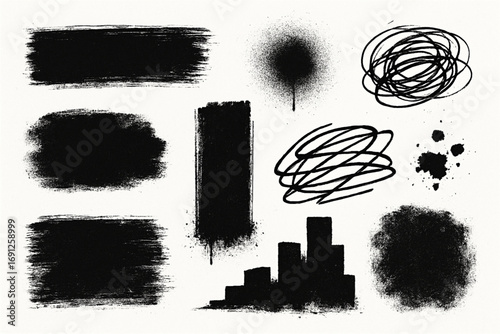 Black Grunge Textures Brush Strokes Spray Paint Scribbles Ink Smudges Vector Illustration on White Background