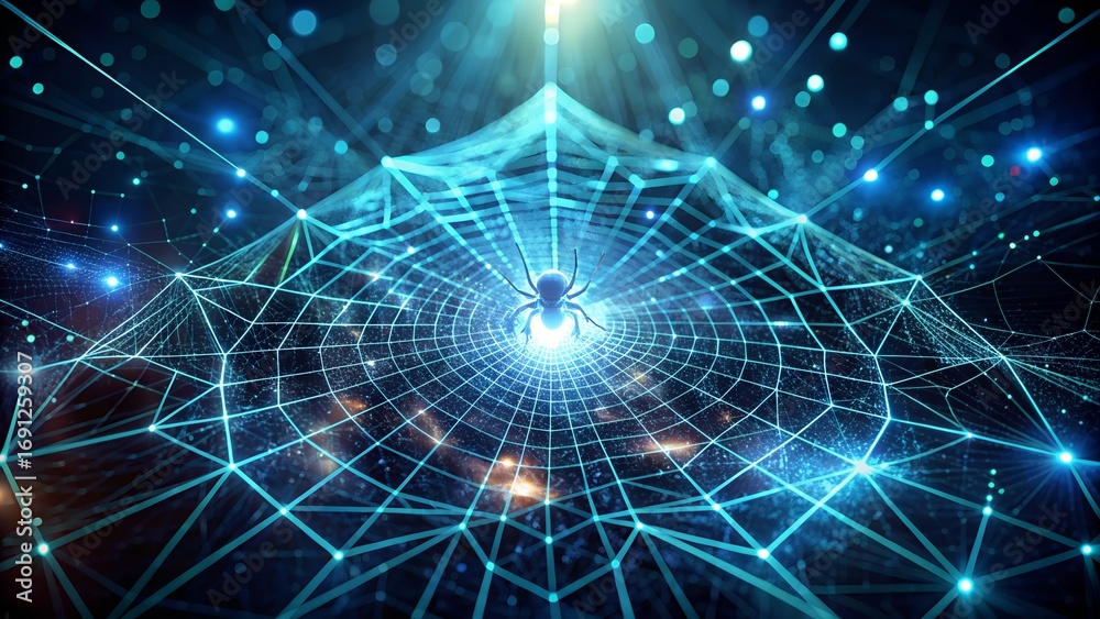 Obraz premium Intelligent spider constructs glowing digital web, symbolizing intricate network connections and data flow.