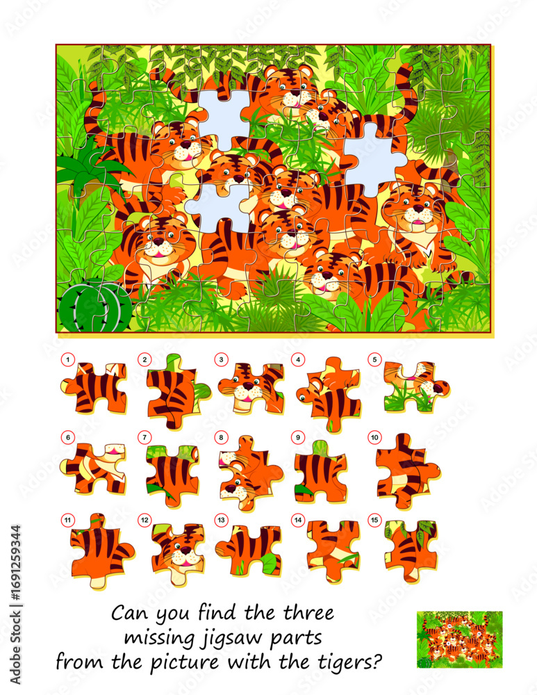Fototapeta premium Game find and search. Can you find the three missing jigsaw parts from the picture with the tigers? Logic puzzle for children and adults. Flat hand drawn vector. Page for kids brain teaser book. 