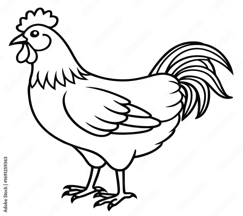 Fototapeta premium A charming vector illustration of a white hen, rooster, and their chicks on a farm