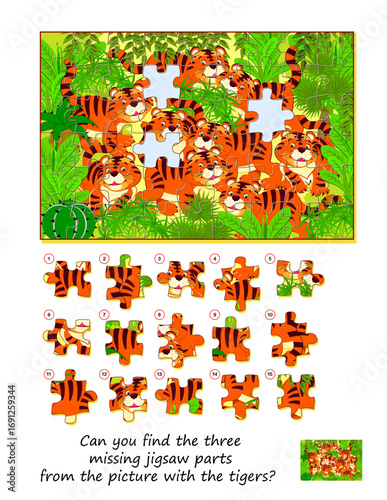 Game find and search. Can you find the three missing jigsaw parts from the picture with the tigers? Logic puzzle for children and adults. Flat hand drawn vector. Page for kids brain teaser book. 