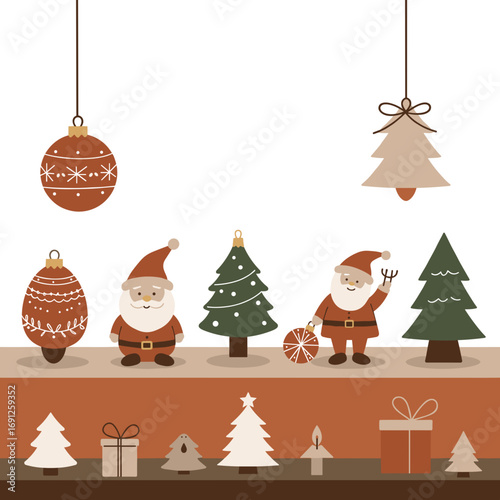 Shelf with Christmas decorations and figurines on transparent background