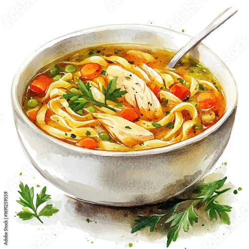 watercolor vector of Chicken Noodle Soup, isolated on a white background.