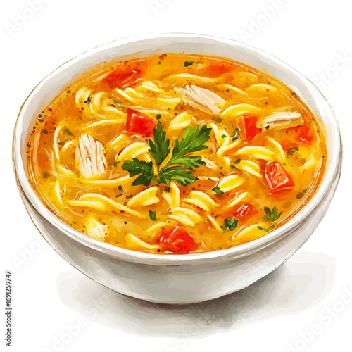 Chicken Noodle Soup, watercolor illustration vector, isolated on a white background.