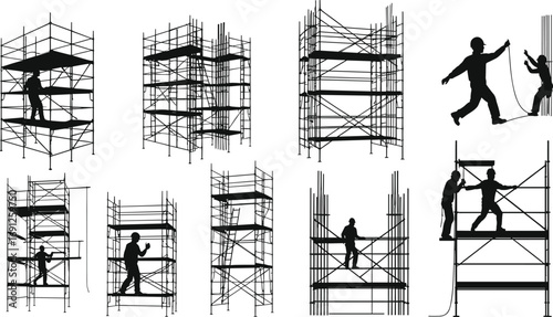 Silhouette of construction workers on scaffolding, safety harness use, teamwork, building site, industrial construction, manual labor, scaffold structure, professional builders, construction project.