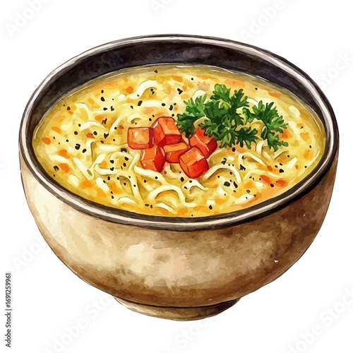 Chicken Noodle Soup, watercolor vector, isolated on a white background.