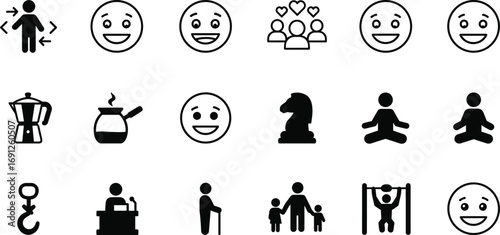 Set of various black icons including emotions, people, activities, objects, coffee, kids, and more for user interface design