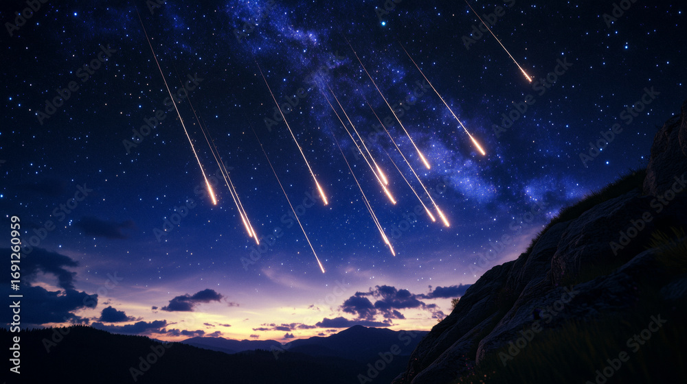 Fototapeta premium Multiple Perseid meteors streaking across a dark blue night sky, long exposure effect, soft glowing trails, detailed Milky Way, AI generated