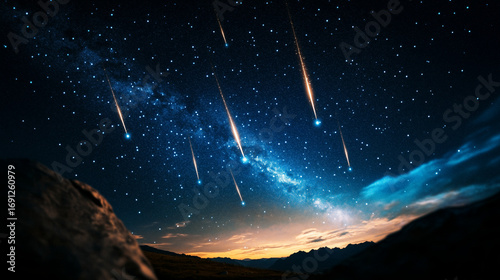 Multiple Perseid meteors streaking across a dark blue night sky, high detail, realistic starscape, crisp clarity, AI generated