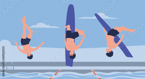 Vector illustration showing the sequential phases of a male athlete performing a backflip dive from a springboard into a swimming pool