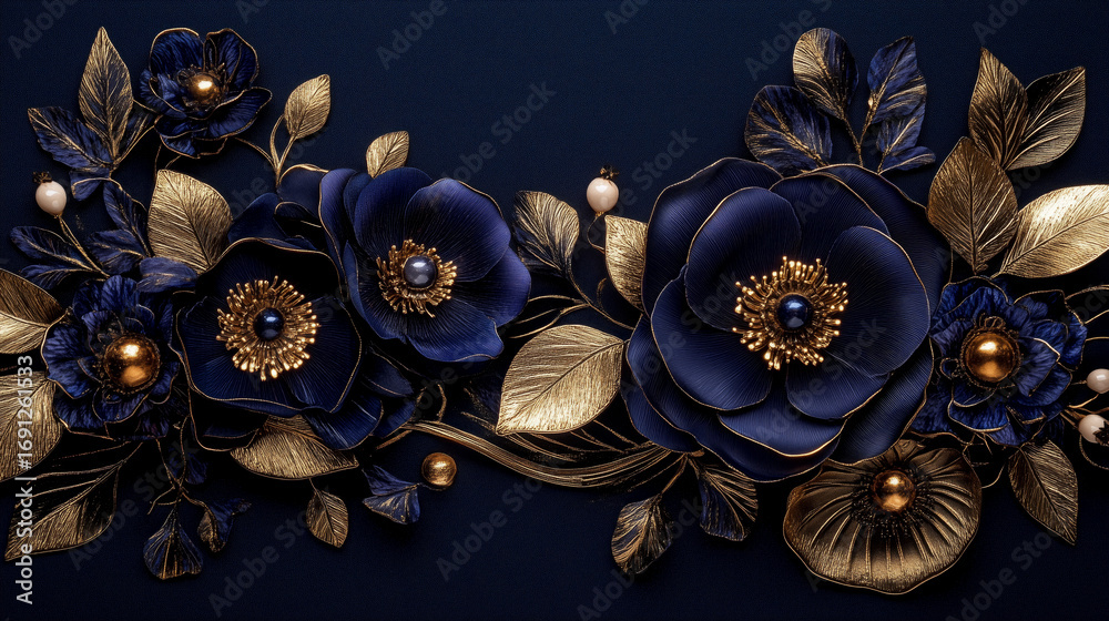 Naklejka premium Romantic floral pattern background with golden line art flowers over deep navy and burgundy tones, luxurious and elegant composition, AI generated