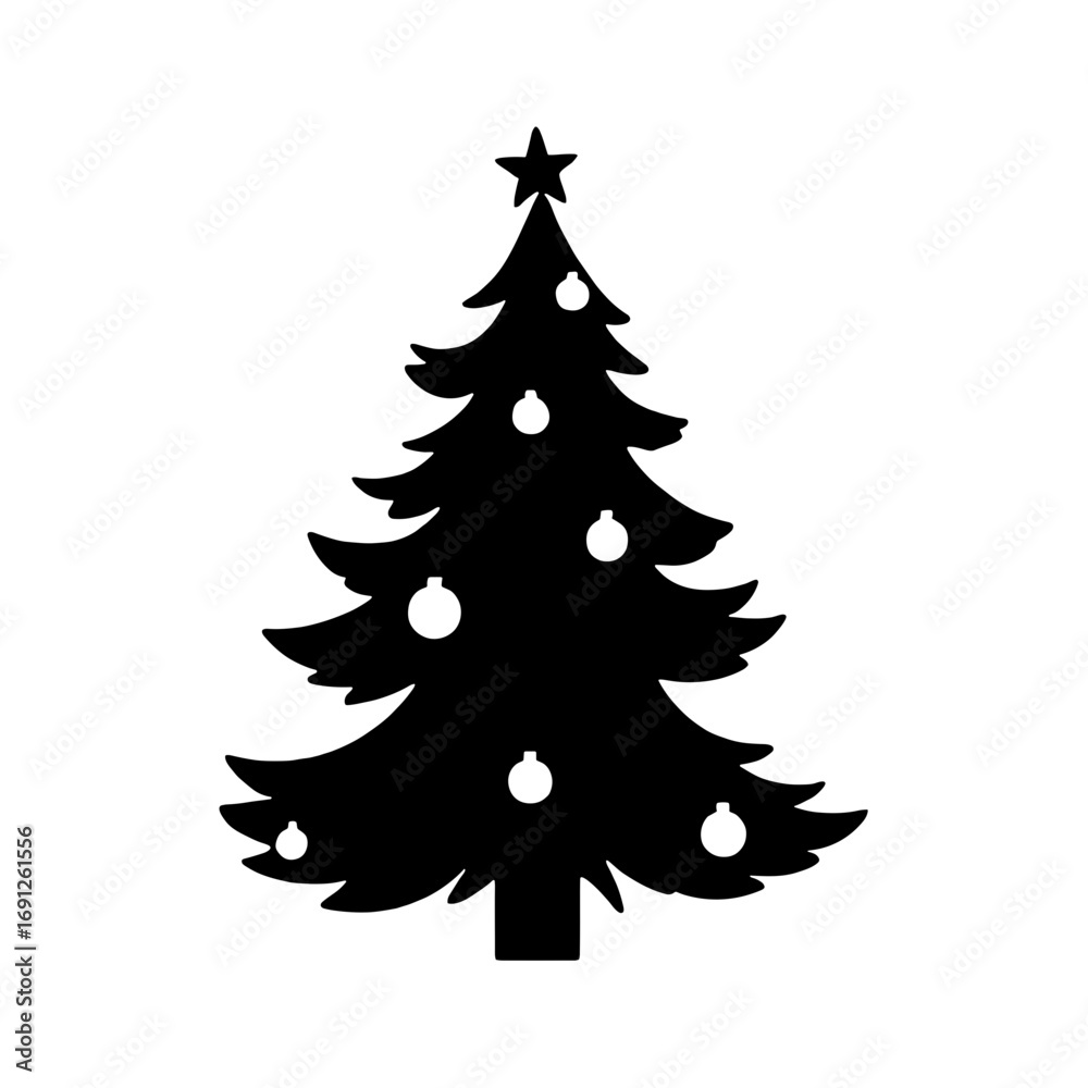 Obraz premium Black silhouette of Christmas tree with ornaments on white background 