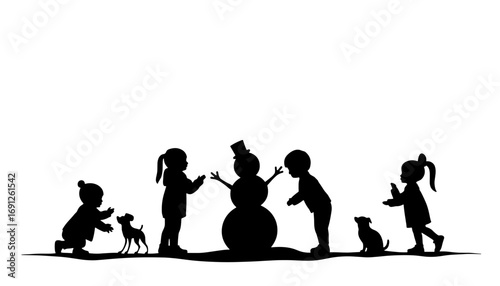 Children playing joyfully with snowman and pets during Christmas  