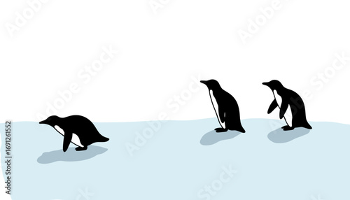Group of penguins walking on ice with a white background  
