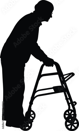 Silhouette of elderly person with walker – senior mobility aid, aging, health, rehabilitation, elder care, support, accessibility, independence