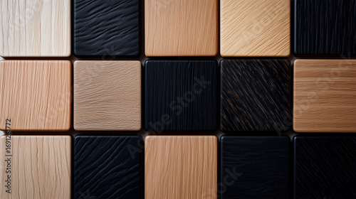 Selection of wood laminate and vinyl tile squares in mixed colors, textured surfaces, creative flat lay arrangement, stylish presentation, AI generated