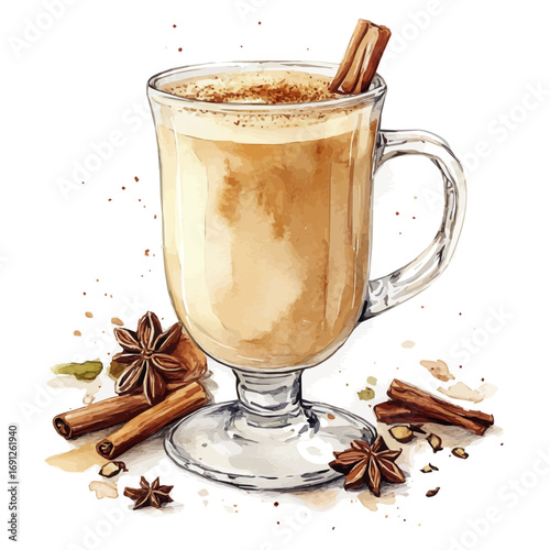 Chai Latte, watercolor painting vector, isolated on a white background.