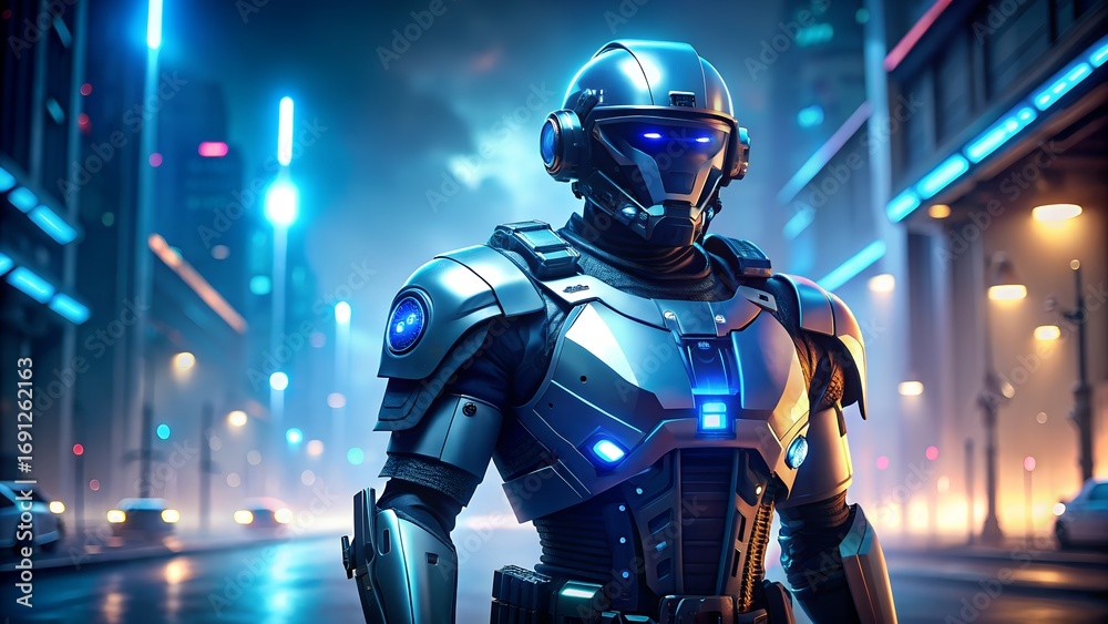 Naklejka premium Sleek futuristic cyborg guardian patrolling neon city streets at night, embodying advanced technology and urban security.