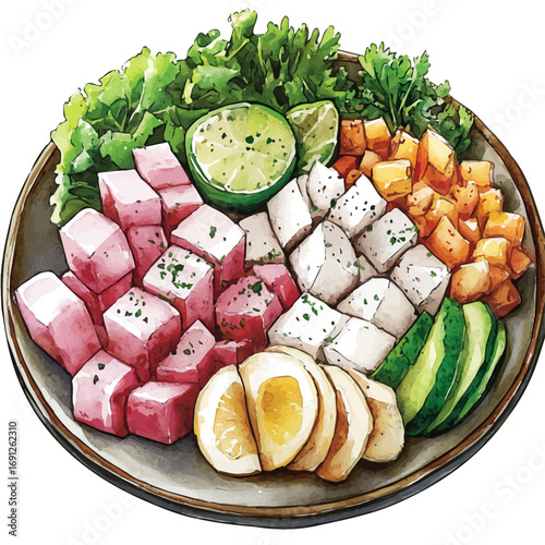 Ceviche, watercolor clipart vector, isolated on a white background.