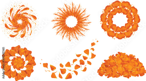Bright orange marigold petal vector elements for festival decoration, Indian design, Diwali floral art, and traditional digital illustrations.