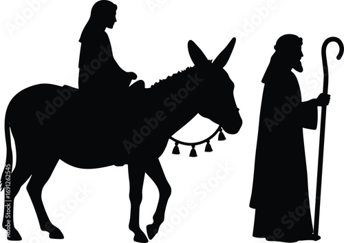 Silhouette of woman riding donkey and man with shepherd staff – biblical scene, nativity, journey, traditional, religious, ancient travel