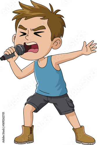 Cartoon boy singing, energetic performance, music concert, microphone, stage action, expressive pose, youth talent, vocal art, entertainment, vector illustration