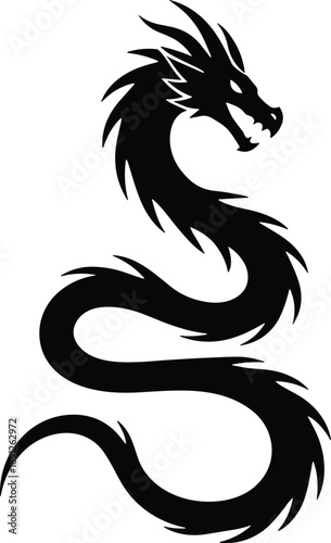 Black dragon silhouette, mythical creature, Asian art, serpentine design, fantasy illustration, oriental symbol, tattoo style, cultural icon, vector graphic, legend