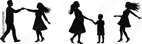 Silhouettes of dancing couple, pregnant woman holding child’s hand, woman with flowing hair, family moments, celebration, motherhood