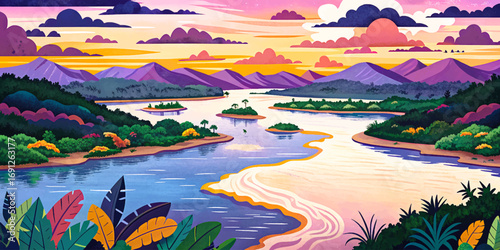 Amazon River in South America, largest river by volume, rainforest surroundings, diverse wildlife and ecosystem