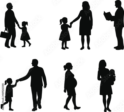 Silhouettes of family members including adults, children, pregnant woman, and parent with baby, depicting life stages and family bonding