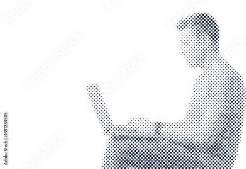 Illustration of a man sitting sideways using a computer created from perfect square pixels in blue colors on a white background