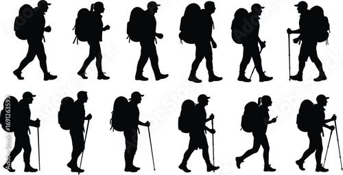 Silhouettes of hikers with backpacks and walking sticks – hiking, trekking, adventure, nature, outdoor activity, travel, exploration, camping, fitness, trail