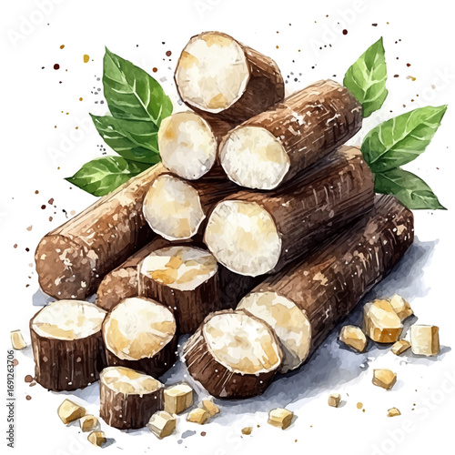 Cassava, watercolor vector, isolated on a white background.