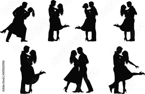 Silhouettes of romantic dancing couples, elegant ballroom dance poses, love, romance, couple intimacy, passion, celebration, dance art, relationship